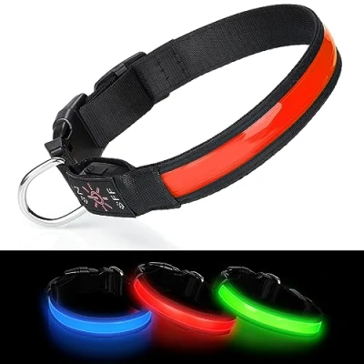 Image of Benxdara Light Up Dog Collar USB Rechargeable, Adjustable LED with 3 Lighting Modes for Small Medium Large Dogs Walking the Dark Safely Red M