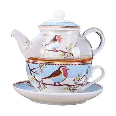 Image of fanquare Pink Robin Birds and Flowers Tea for One Set, Ceramic Cup Saucer Set with Glass Teapot, Blue