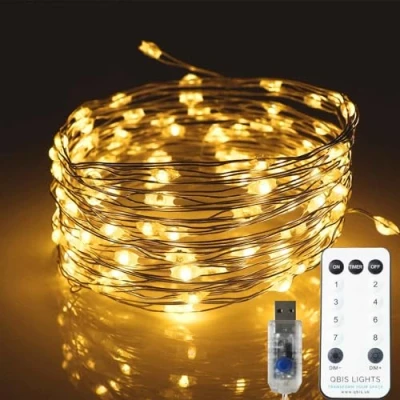 Image of Qbis 100 Fairy Lights, Micro LED String Remote Control, USB Plug, Timer, Multi Function, Adjust Brightness, Lights (Warm White)