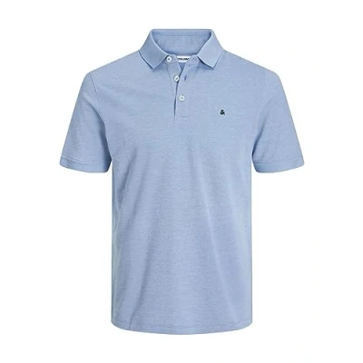 Image of JACK &amp; JONES Men&#039;s Fitted Polo Tee JJEPAULOS Plain Summer Shirt Collar Short Sleeve Classic Pique Cotton, Colours:Azure, Size:S