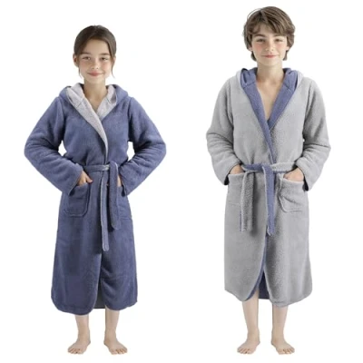 Image of HOMELEVEL Kids Fleece Dressing Gown Childrens Reversible Bathrobe for Boys or Girls Machine Washable Polyester Sherpa Robe with Hood Children