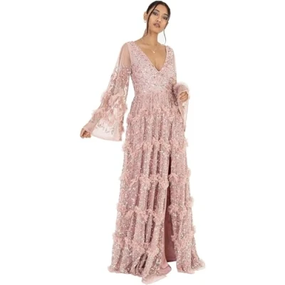 Image of Maya Deluxe Women&#039;s Ladies Maxi Dress V Neckline Sequin with Ruffle Empire Waist Slit Split for Prom Ball Bridesmaid Wedding Guest, Frosted Pink, 10