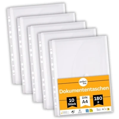 Image of perfect line 10 pcs. DIN A4 Document Wallets, 20 mm Capacity, Transparent &amp; Clear Covers, Leaflet Cover with Flap, Hook and Loop Fastener Filing Strip, Collection Sheet