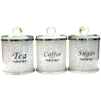 Image of TOV® Diamond Crushed Tea Coffee Sugar CANISTERS Jars Storage Silver Trimmings Crystal Filled