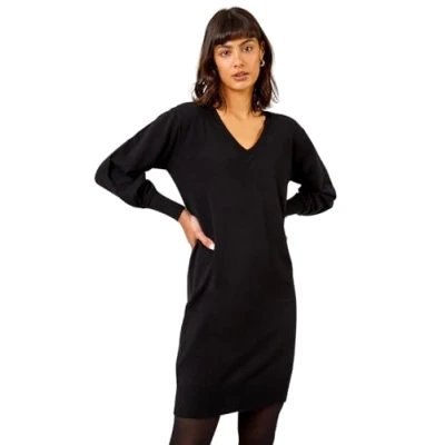 Image of Roman Originals Knitted Jumper Dress for Women UK Ladies Knit Knitwear Autumn Winter Casual Smart Pull On Work Long Sleeves Slouch Relaxed Flattering Over Knee Length V Neck Black Size 16