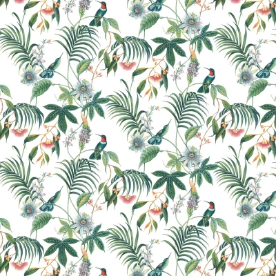 Image of Superfresco Easy Adilah White Tropical Floral Wallpaper Paste The Wall &amp; Green Leaved Birds Design Feature or 4 Cover for Small Cracks