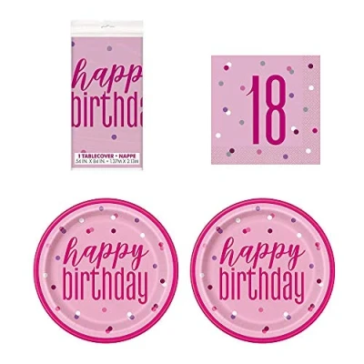 Image of 18th Birthday Pink and Silver Glitz Tableware Pack for 16