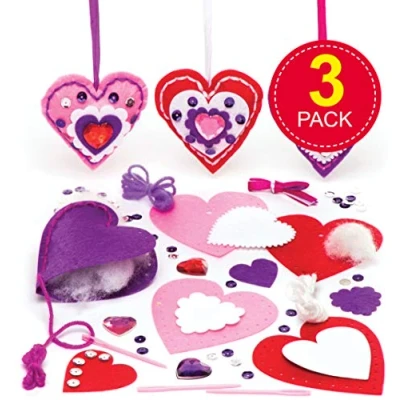 Image of Baker Ross Heart Decoration Sewing Kits (Pack of 3) For Kids to Make, Display or Gift Mothers Day/Valentines Day Assorted AW102