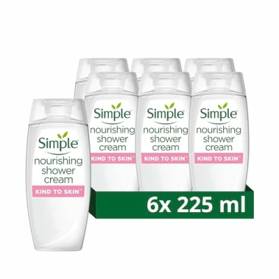 Image of Simple Kind to skin Nourishing shower Cream Body Wash gel with vitamins and natural geranium oil for gentle care 6x 225 ml