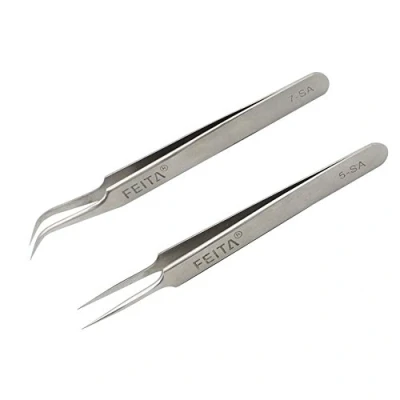 Image of FEITA Precision Tweezers Professional Stainless Steel Straight &amp; Curved Pointed Very Fine Tips Tweezer Set for Eyelash Extension, Lash Extensions, Hair Plucking (Silver 2Pcs)