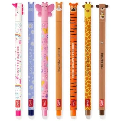 Image of LEGAMI Set of 7 Erasable Gel Pens with Thermosensitive Erase Ink, Range ink colours &amp; barrel designs, 0.7mm Tip, Unicorn, Hippo, Butterfly, Corgi, Tiger, Giraffe, Teddy Bear Designs