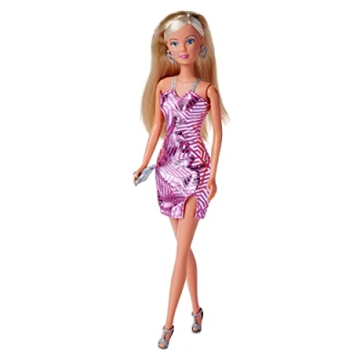 Image of Simba Steffi Love Silver Glossy, Dressing Doll in a Cool Glitter Dress with Earrings and Clutch, 2 Assorted Compartments, Only One Item, 29 cm, from 3 Years,105733557