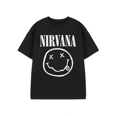 Image of Nirvana Kids T Shirt Boys &amp; Girls Short Sleeve Graphic Tee in Black Classic Grunge Distressed Band Logo Print Apparel Top Vintage Rock Merchandise Gift