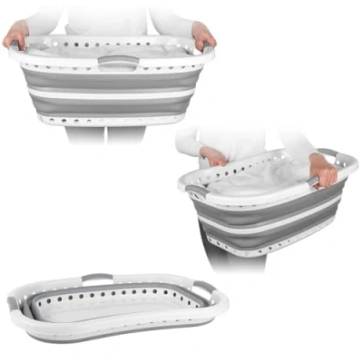 Image of Beldray LA072979GRYEU Collapsible Laundry Basket Hip Hugger Hamper, Curved &amp; Shaped To Fit The Body, Non Slip Ergonomic Handles, 66 x 44 24cm When Collapsed, Up 37L Of Dry Wet Washing