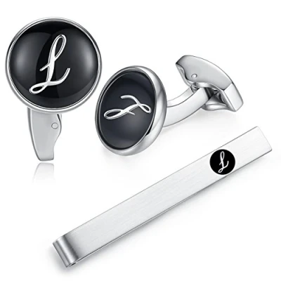 Image of HONEY BEAR Initial Alphabet Letter Cufflinks Tie Clip Set for Mens Black Round Stainless Steel, Business Wedding Gift A Z (G)