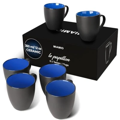 Image of MIAMIO 6 x 350 ml Stoneware Coffee Mug/Cup Set Le Papillon Collection (Black Blue)