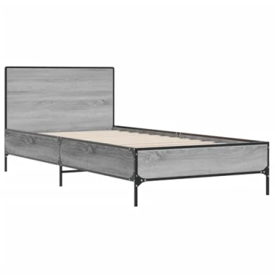 Image of vidaXL Small Single Bed Frame Grey Sonoma Engineered Wood/Metal, 193x78x80 cm, Plywood Slats, Metal Legs, for 75x190 cm Mattress