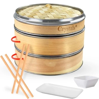 Image of Crystals Bamboo Steamer Basket with Lid 2 Tier Dumpling for Cooking Includes Pair Wooden Chopsticks Reusable, 1 Ceramic Plate, Dipping Bowl
