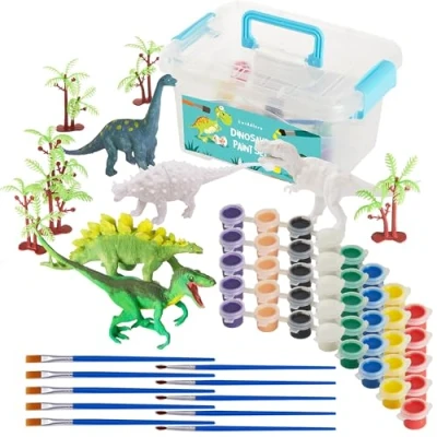 Image of THE TWIDDLERS 3D Dinosaur DIY Craft Kit with 10 Figurines, Complete Set Including Paint Sets, Brushes, and Tree Accessories, Kids Gift Activity