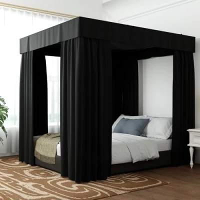 Image of Hvqic Black Canopy Bed Curtains 4 Corner Post Twin Lightproof Drapes for Adults &amp; Girls Bedroom Decoration(Twin,Black)