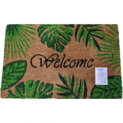 Image of Natural Coir Mat Printed Patterned Dirt Trapper Indoor/Outdoor Door Welcome Non Slip PVC Backed Doormat 60cm x 40cm (Welcome Leaves)