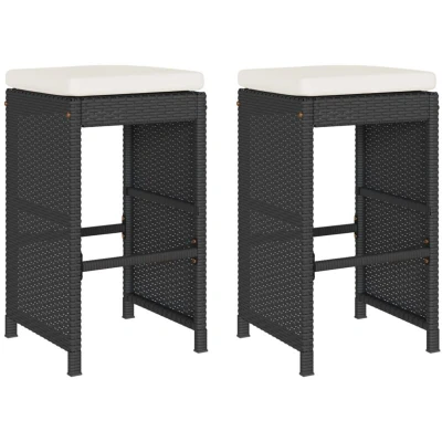 Image of vidaXL Garden Bar Stools with Cushions 2 pcs Black Poly Rattan