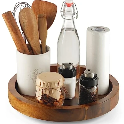 Image of TIDITA 10&quot; Acacia Lazy Susan Organizer for Cabinet Wood Susans Turntable Countertop Wooden Kitchen Storage Food Bin Container Table; Spices, Fridge, Pantry (10 Inch Acacia)