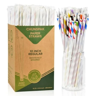 Image of Extra Long Disposable Paper Straws, Individually Wrapped, 26 x 0.6 cm, Colourful Stripes Pack of 400