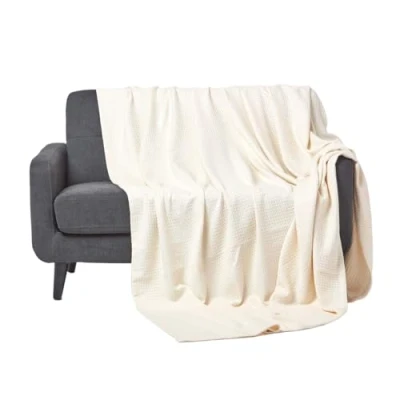 Image of HOMESCAPES 100% Organic Cotton Waffle Blanket Natural Super King Bed Size 280 x 230 cm Soft Combed Throw