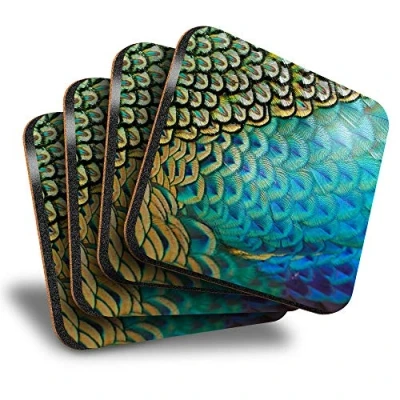Image of Destination Vinyl ltd Great Coasters (Set of 4) Square Feathers Peafowl Peacock Drink Glossy Coasters/Tabletop Protection for Any Table Type #44250