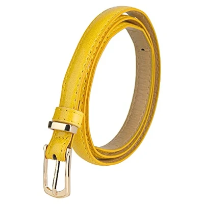 Image of sourcing map Womens Patent Leather PU Skinny Waist Belt for Jeans with Alloy Buckle Yellow Waist: 29 32