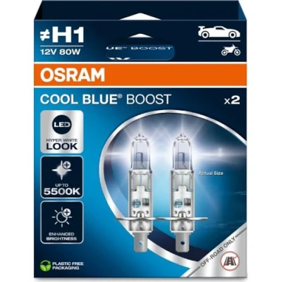 Image of OSRAM COOL BLUE® BOOST, H1, halogen headlight lamps, up to 5500K, Hanging folding box (2 lamps), offroad use only