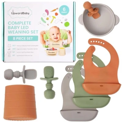 Image of Upward Baby Weaning Essentials Set Suction Led Plate and Bowl with Silicone Bibs, Spoons Cup Feeding for Toddlers Kids First Stage Utensils 6 12 Months