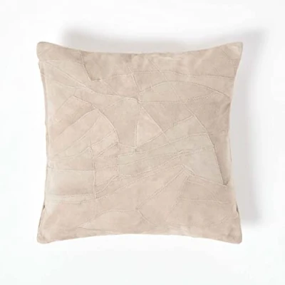 Image of HOMESCAPES Real Leather Cream Cushion with Feather Insert 45 x cm Square 18 Inches Recycled Suede Sofa Patchwork Pattern