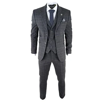 Image of Mens Grey Tweed 3 Piece Suit Blue Check Vintage 1920s Gatsby Blinders Tailored Fit 48