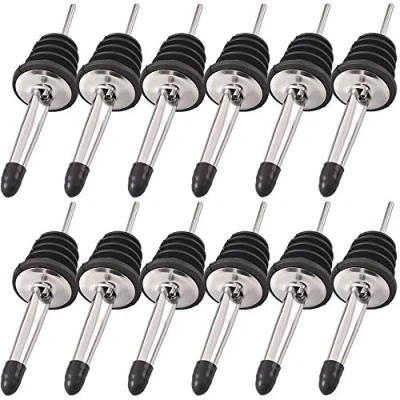 Image of Newk Stainless Steel Pourers, 12 Pack Classic Bottle Pourers Tapered Spout with Rubber Dust Caps, Suitable for Pours Liquor, Vinegar, Syrup or Olive Oils