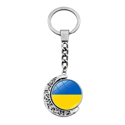 Image of NISCAYA Ukraine Flag Key Chain Double Sided Rotating Moon Pendant Keychains Keyrings Patriot Souvenir Gift Ukrainian Flags Glass Jewelry Accessory