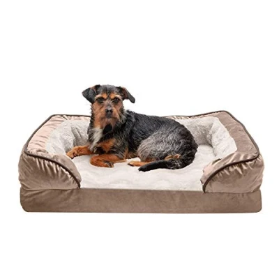 Image of Furhaven Medium Memory Foam Dog Bed Perfect Comfort Plush &amp; Velvet Waves Sofa Style w/Removable Washable Cover Brownstone,