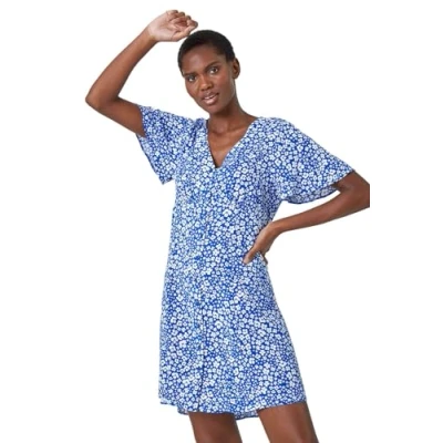 Image of Roman Ditsy Floral Print Button Dress for Women UK Ladies Spring Everyday Summer Holiday V Neckline Comfy Short Sleeve Soft Fit &amp; Flare Frock Dinner Date Gowns Blue Size 18