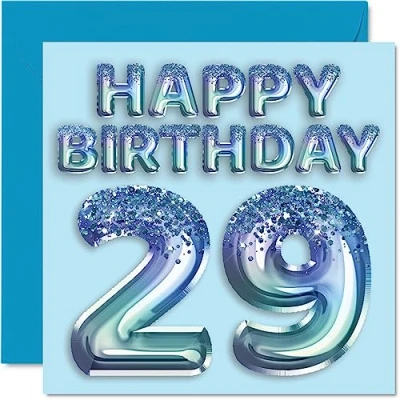 Image of 29th Birthday Card for Men Blue Glitter Party Balloon Happy Cards 29 Year Old Man Brother Son Nephew Uncle, 145mm x Twenty Nine Ninth Greeting Gift