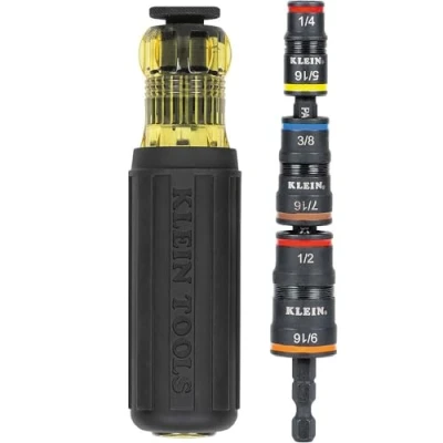 Image of Klein Tools 32910 Impact Driver, 7 in 1 Flip Socket Set with Handle, 6 Hex Driver Sizes Plus a 1/4 Inch Bit Holder
