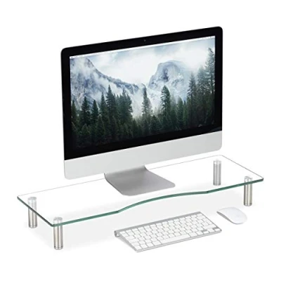 Image of Relaxdays Glass Display Stand, TV Pedestal, Notebook Riser, Height Adjustable 9 11 cm, W x D: 70 24 Clear, Stainless Steel, Aluminum, Pack of 1