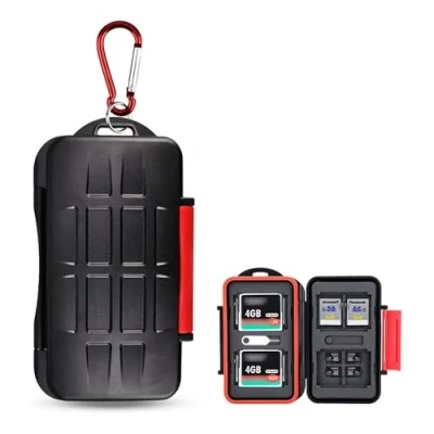 Image of Kiorafoto 28 Slots SD Card Holder for 4 CF &amp; 8 16 Micro Cards, Professional Water Resistant Anti Lost Storage Memory Case Wallet with Carabiner + Tray Removal Eject Pin Key