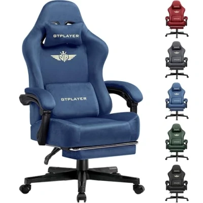 Image of GTPLAYER Fabric Gaming Chair, Ergonomic Computer Chair with Footrest and Lumbar Support Height Adjustable Home Office 360 Swivel Seat Headrest (Blue)