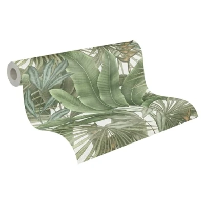 Image of Livingwalls Jungle Wallpaper 396472 in Green, Cream Wall with Look Floral Palm Leaves Made Germany 10.05 m x 0.53