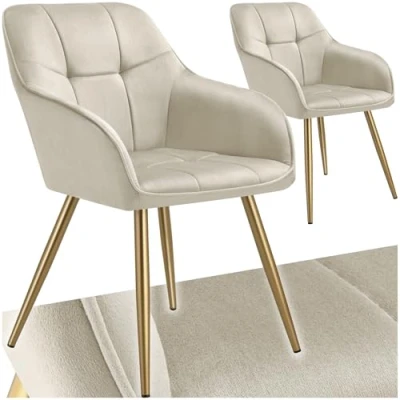 Image of TecTake® Set of 2 Dining Chairs with Quilted, Velvet Look Covers, Armchair Continuous Backrests, Gold Steel Legs &amp; Soft Padding, Ideal as Room, Kitchen Desk Cream/Gold