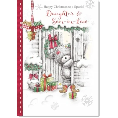Image of doodlecards Daughter &amp; Son in Law Christmas Card Grey Bear Snow Medium Size with Plain Red Envelope, 21 x 15cm