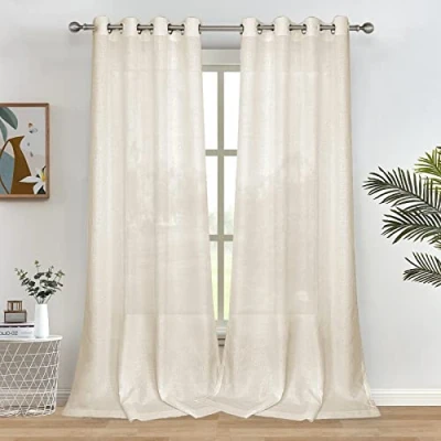 Image of Melodieux Beige Linen Semi Sheer Curtains 96 Inches Long for Living Room Bedroom Flax Grommet Voile Drapes, 52 by Inch (2 Panels)