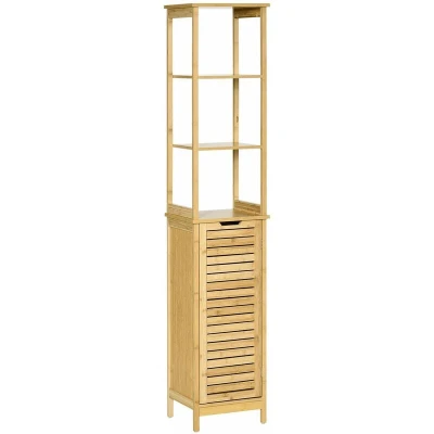 Image of kleankin Bathroom Floor Cabinet with 3 Shelves, Slim Storage Cupboard and Freestanding Organiser, Natural