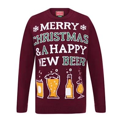 Image of Tokyo Laundry Men&#039;s &#039;Merry Christmas&#039; Novelty Xmas Jumper Happy New Beer Oxblood L